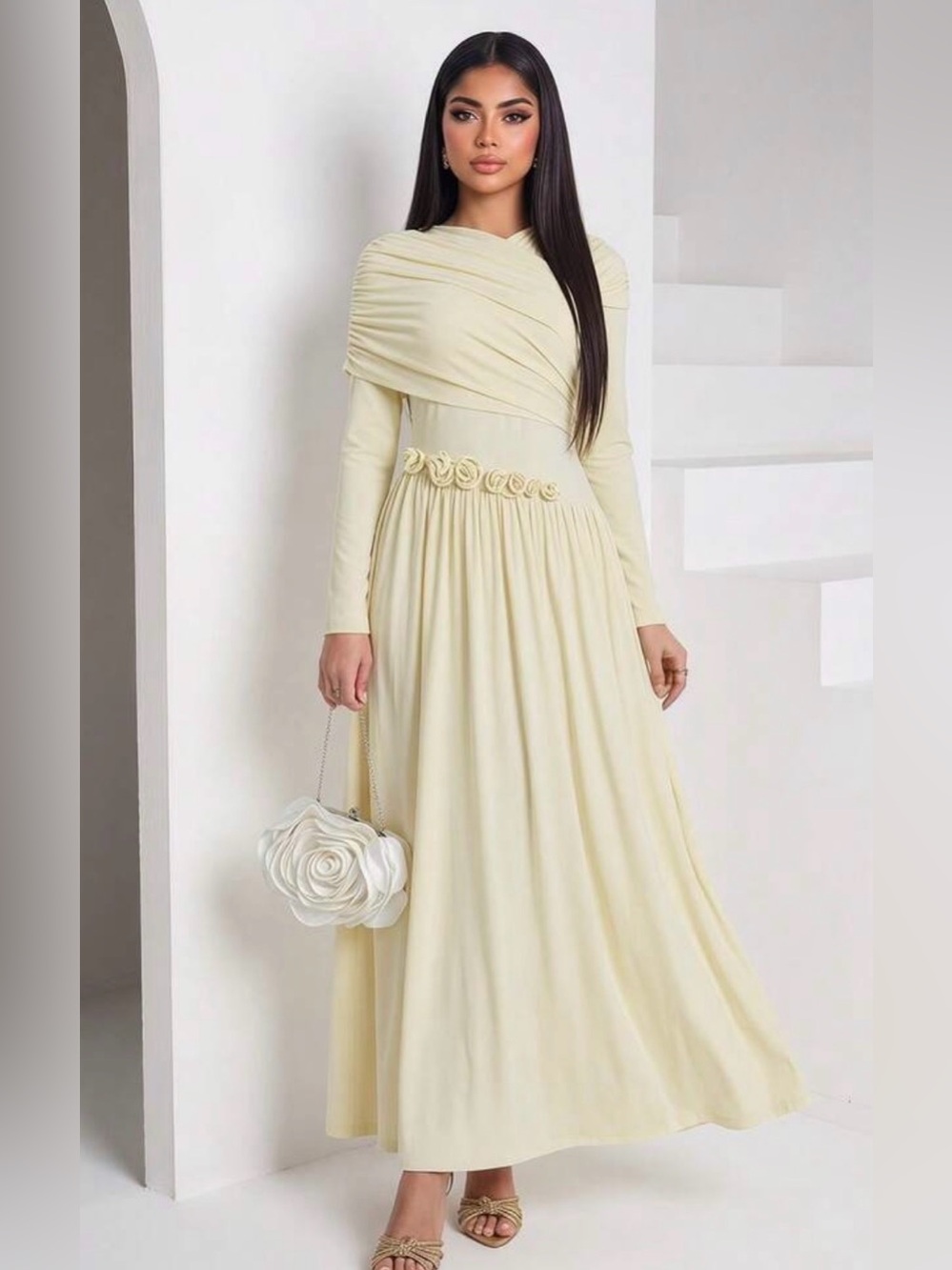 Elegant light yellow Long-Sleeve Maxi Dress with Rosette Waist